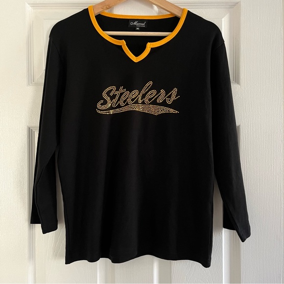 Steelers Long Sleeve Black Gold Bedazzled Cotton Spandex Blend NFL Game Day M - Picture 1 of 11